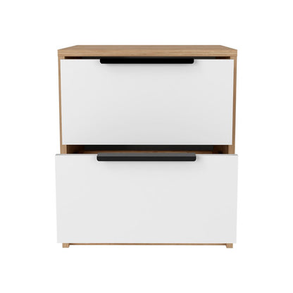 19" Natural And White Wood Two Drawer Nightstand