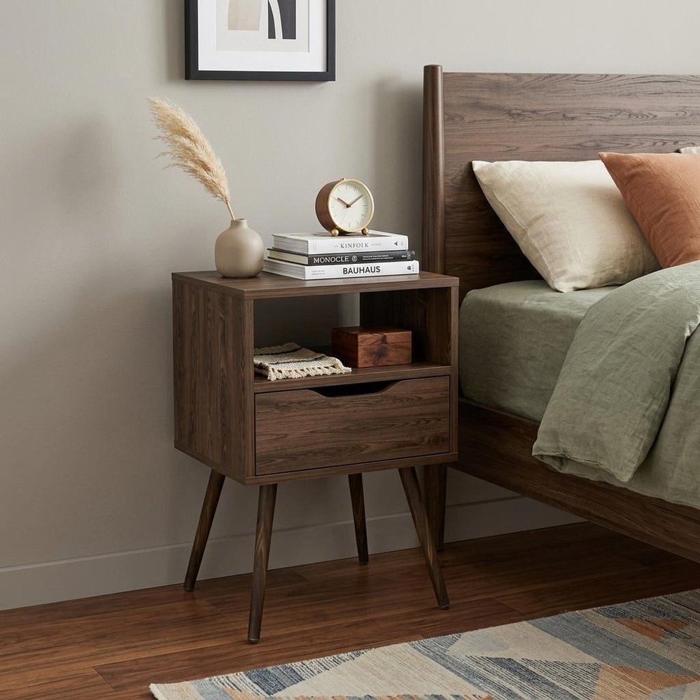 25" Brown Wood One Drawer Nightstand