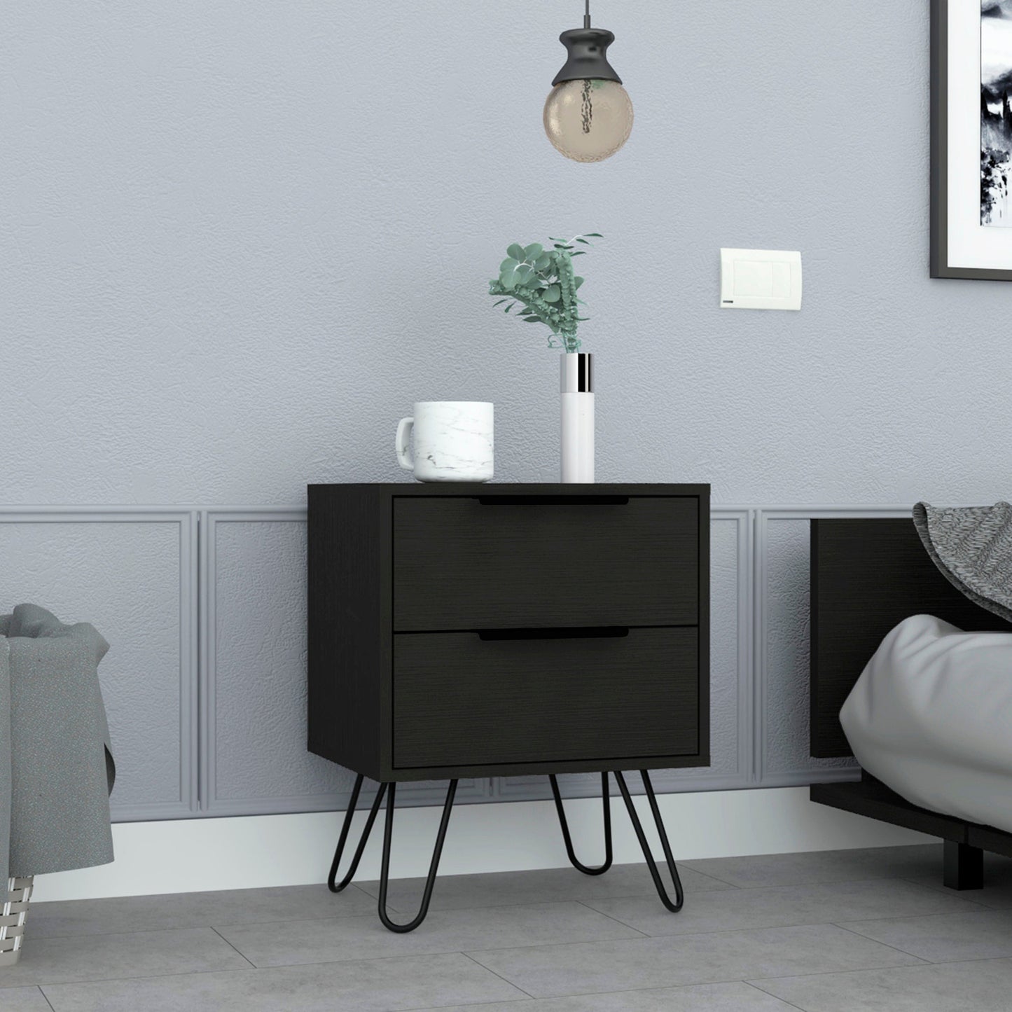 22" Black Wood Two Drawer Nightstand