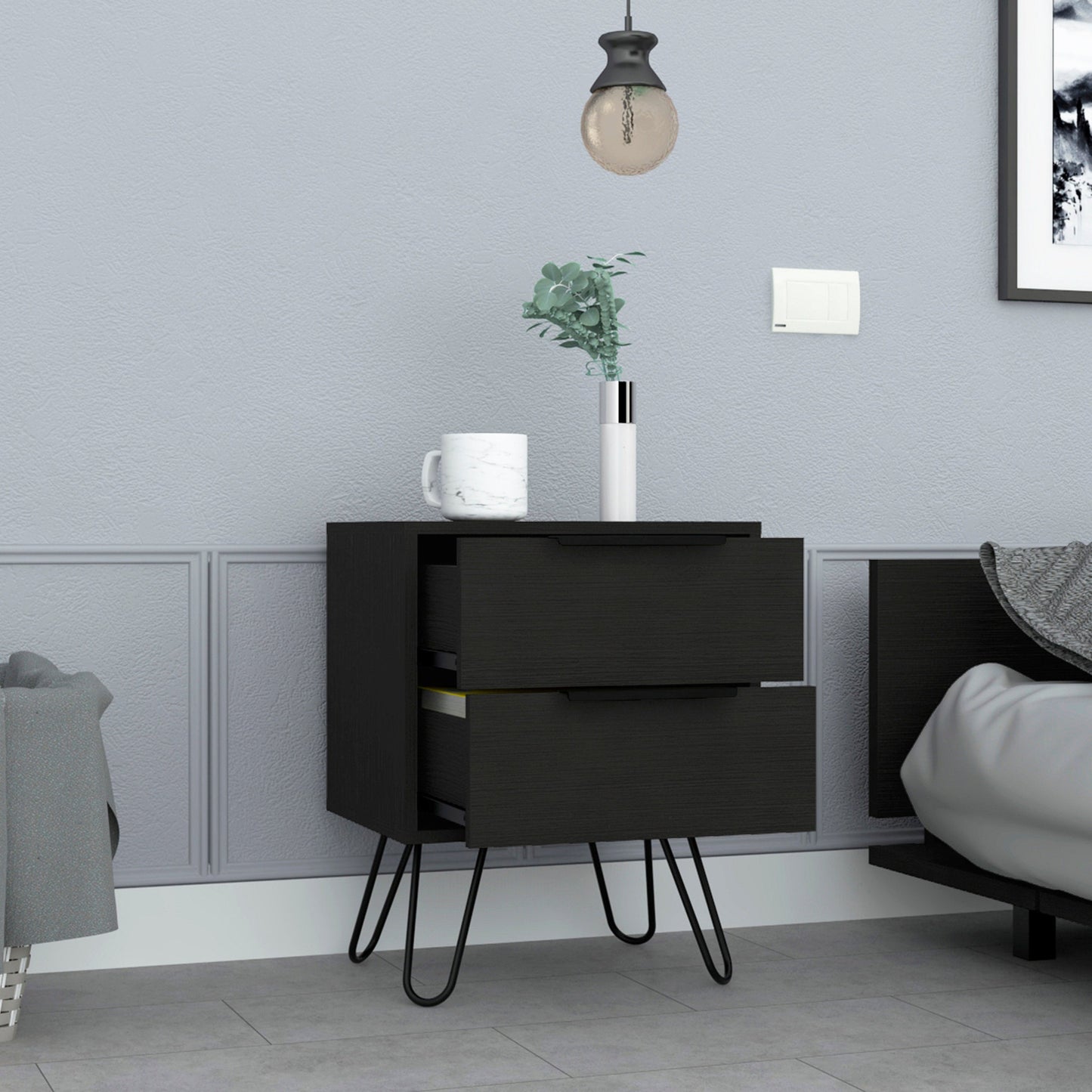 22" Black Wood Two Drawer Nightstand