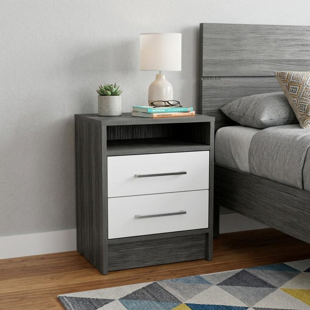 20" Gray And White Wood Two Drawer Nightstand