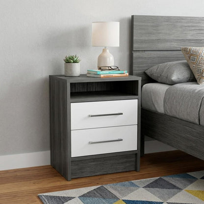 20" Gray And White Wood Two Drawer Nightstand
