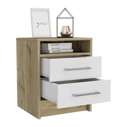 20" Natural And White Wood Two Drawer Nightstand