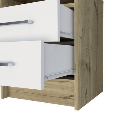 20" Natural And White Wood Two Drawer Nightstand