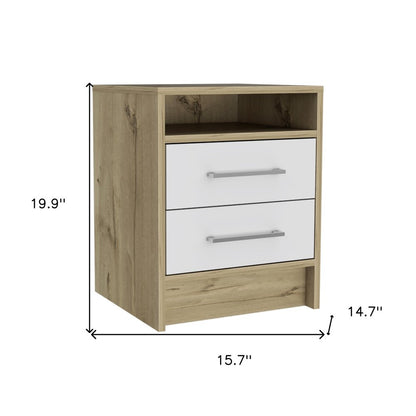 20" Natural And White Wood Two Drawer Nightstand