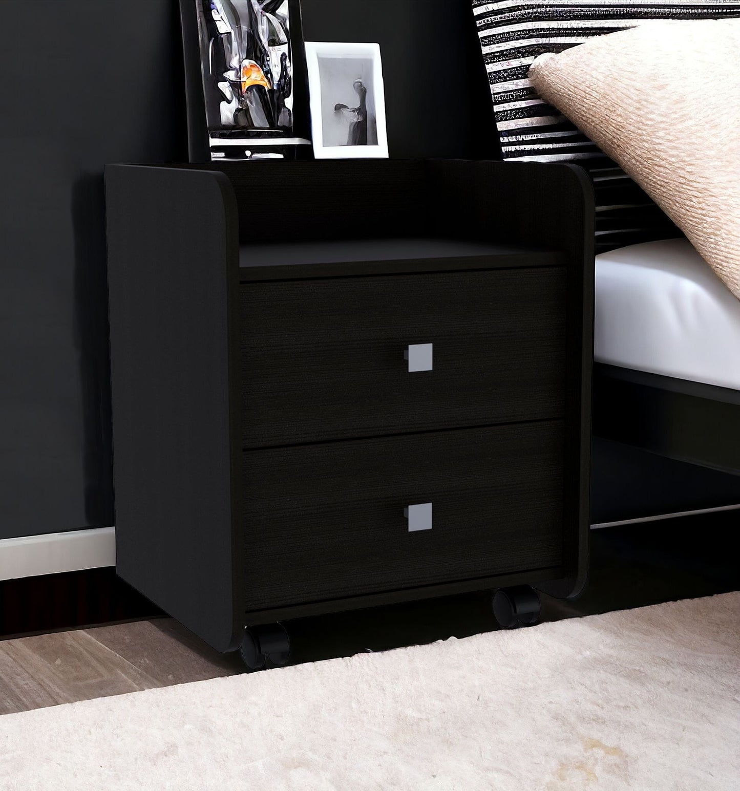 22" Black Wood Two Drawer Nightstand