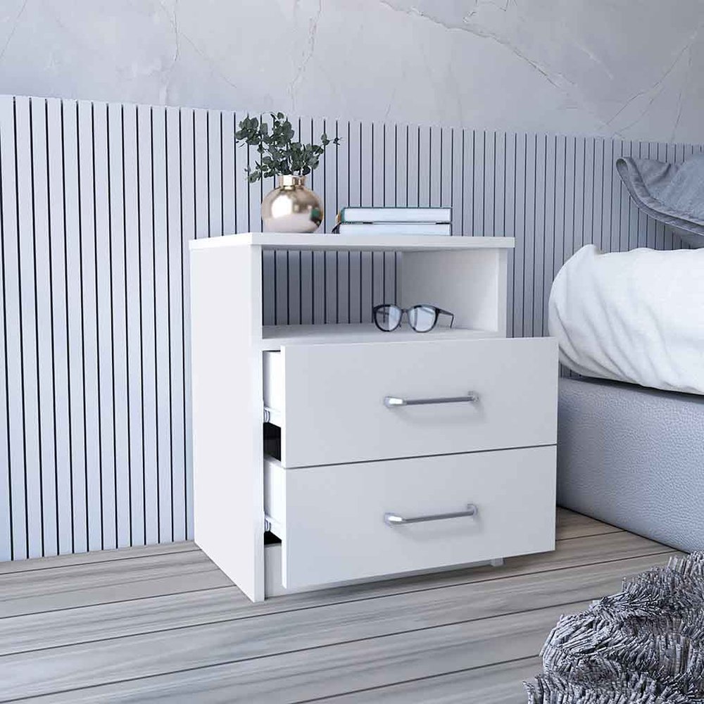 20" White Wood Two Drawer Nightstand