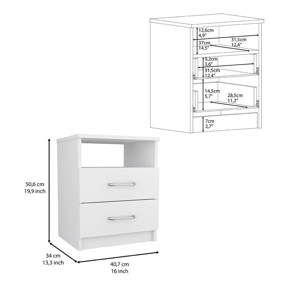 20" White Wood Two Drawer Nightstand