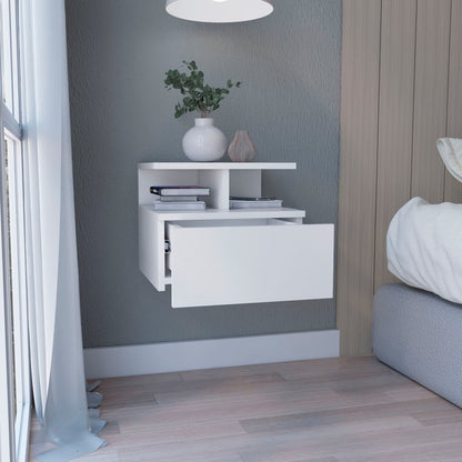 12" White Wood One Drawer Floating Nightstand