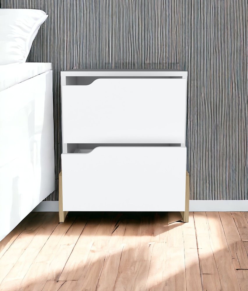 20" White And Natural Wood Two Drawer Nightstand