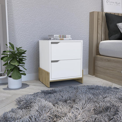 20" White And Natural Wood Two Drawer Nightstand