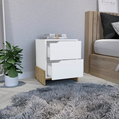 20" White And Natural Wood Two Drawer Nightstand