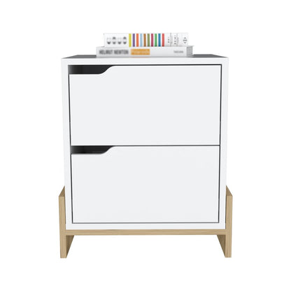 20" White And Natural Wood Two Drawer Nightstand