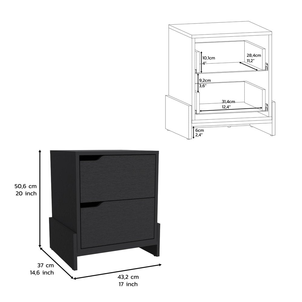 20" Black Wood Two Drawer Nightstand
