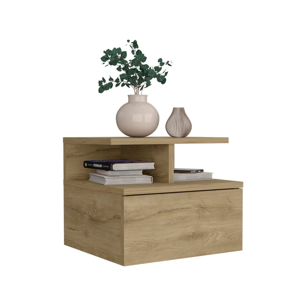 12" Beige Wood One Drawer Floating Nightstand