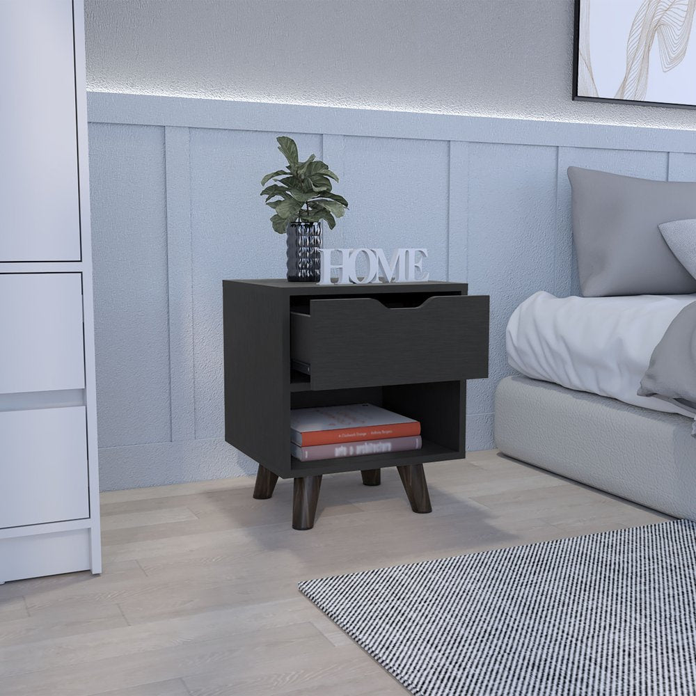 19" Black Wood One Drawer Nightstand
