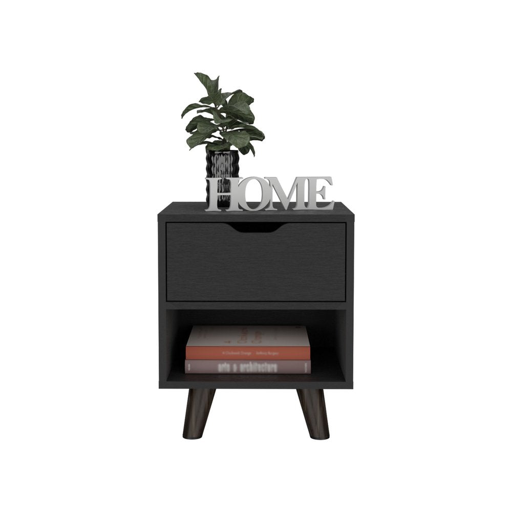 19" Black Wood One Drawer Nightstand