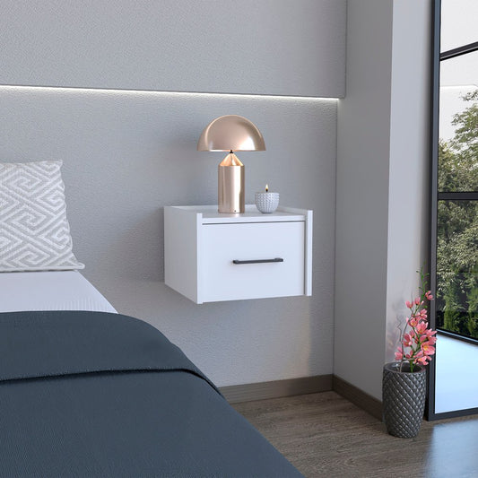 10" White Wood One Drawer Floating Nightstand