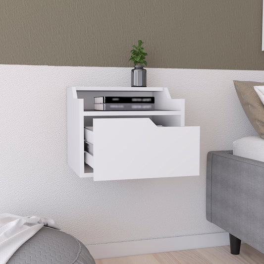 16" White Wood One Drawer Floating Nightstand