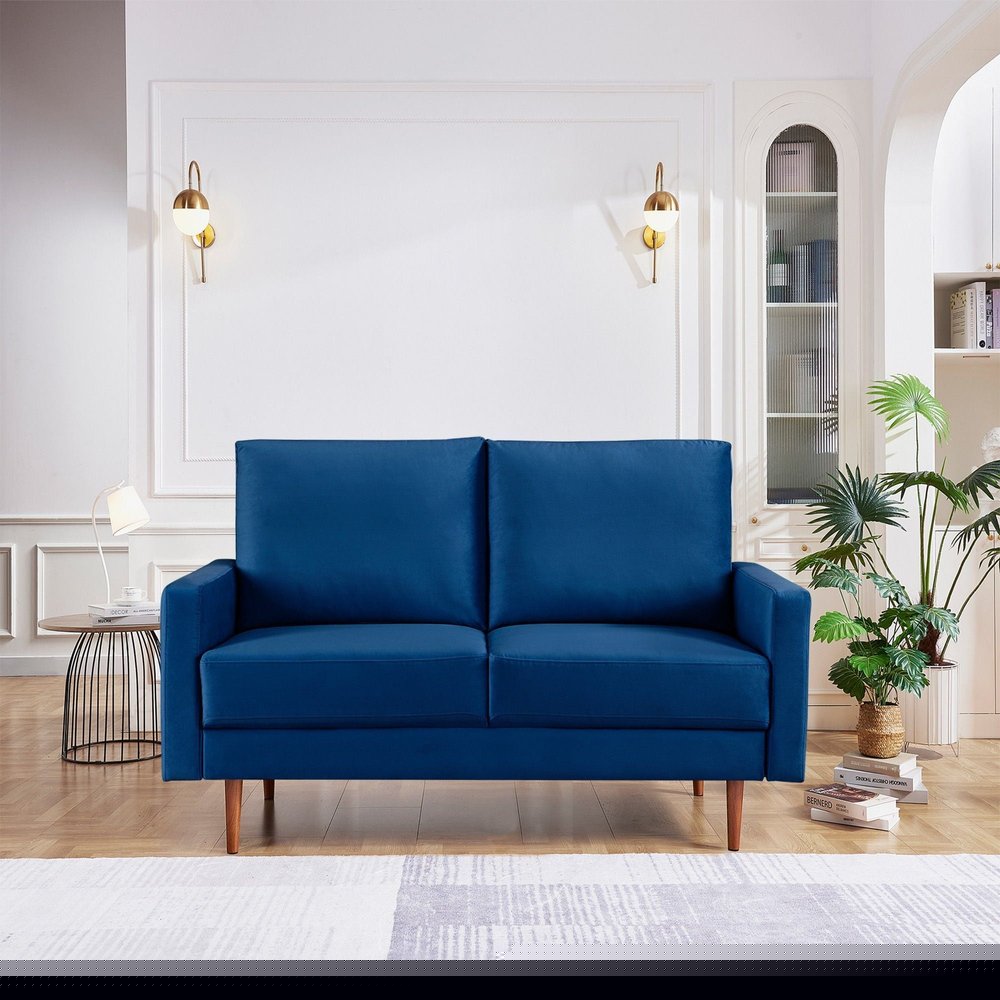 57" Blue And Dark Brown Velvet Loveseat