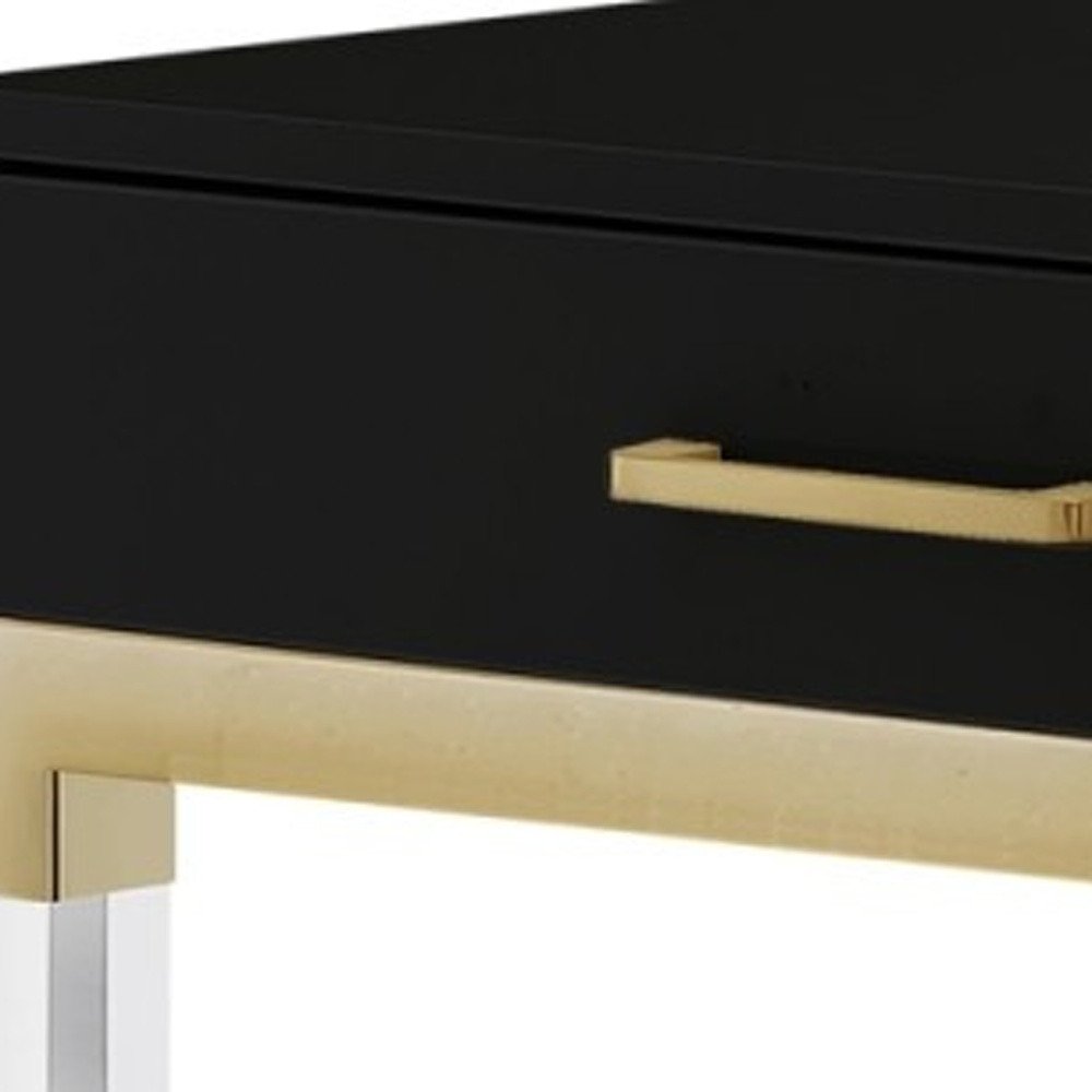 48" Black Clear and Gold Wood Acrylic and Stainless Steel Writing Desk With Two Drawers