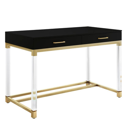 48" Black Clear and Gold Wood Acrylic and Stainless Steel Writing Desk With Two Drawers