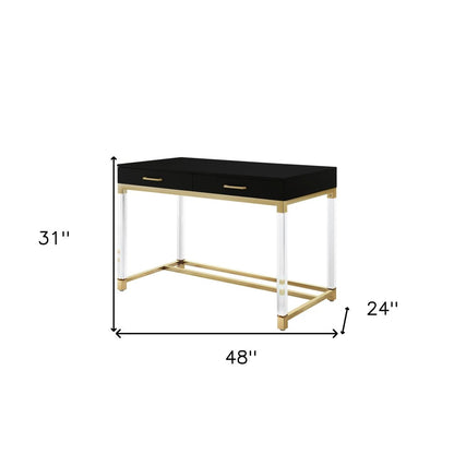 48" Black Clear and Gold Wood Acrylic and Stainless Steel Writing Desk With Two Drawers