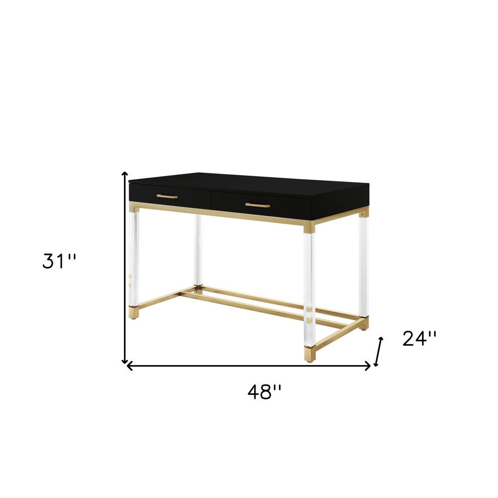 48" Black Clear and Gold Wood Acrylic and Stainless Steel Writing Desk With Two Drawers