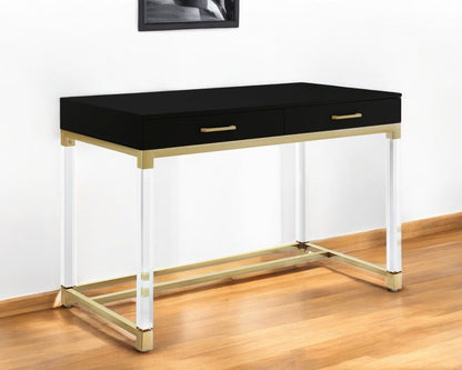 48" Black Clear and Gold Wood Acrylic and Stainless Steel Writing Desk With Two Drawers