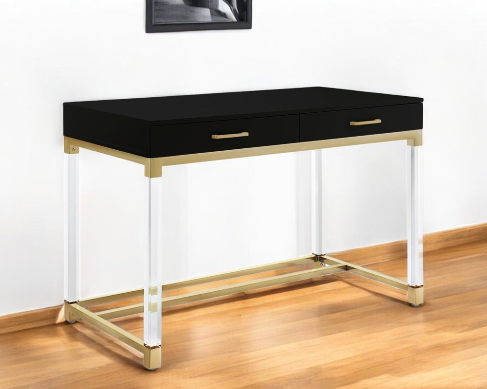 48" Black Clear and Gold Wood Acrylic and Stainless Steel Writing Desk With Two Drawers