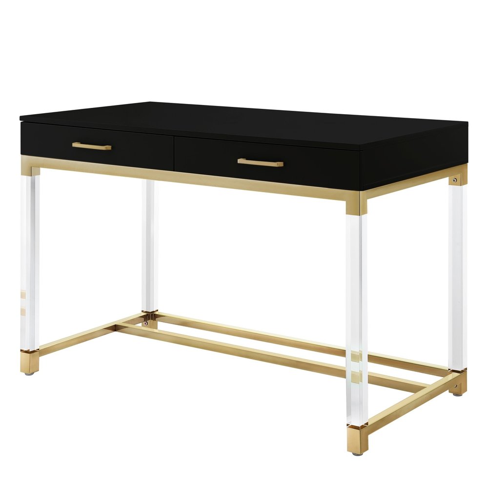 48" Black Clear and Gold Wood Acrylic and Stainless Steel Writing Desk With Two Drawers