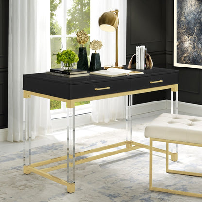 48" Black Clear and Gold Wood Acrylic and Stainless Steel Writing Desk With Two Drawers
