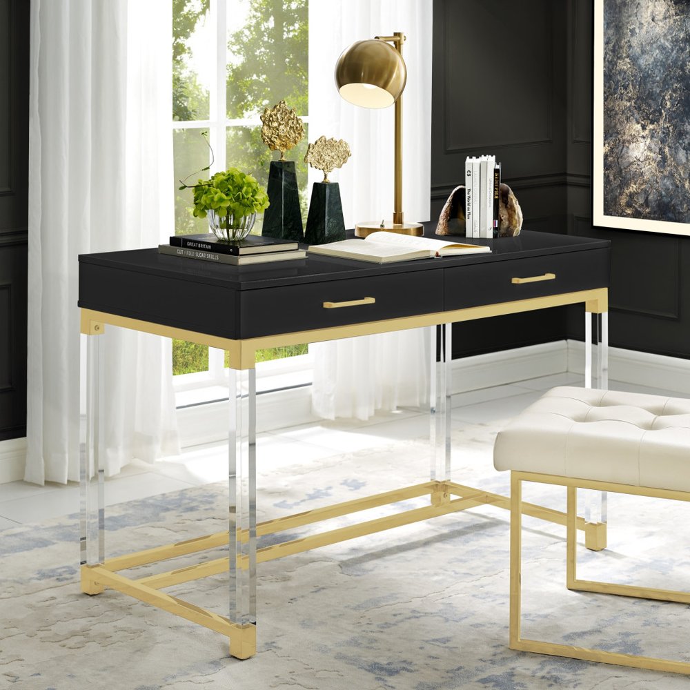 48" Black Clear and Gold Wood Acrylic and Stainless Steel Writing Desk With Two Drawers