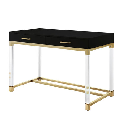48" Black Clear and Gold Wood Acrylic and Stainless Steel Writing Desk With Two Drawers