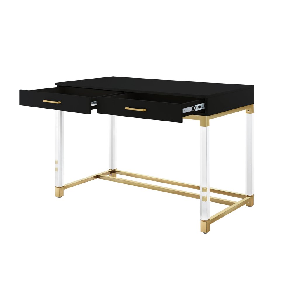 48" Black Clear and Gold Wood Acrylic and Stainless Steel Writing Desk With Two Drawers