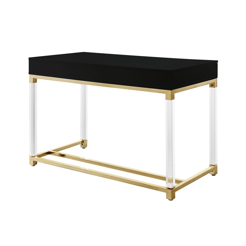 48" Black Clear and Gold Wood Acrylic and Stainless Steel Writing Desk With Two Drawers