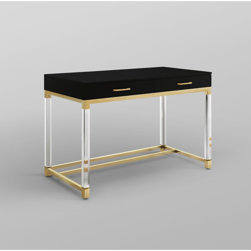 48" Black Clear and Gold Wood Acrylic and Stainless Steel Writing Desk With Two Drawers