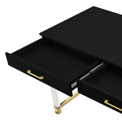 48" Black Clear and Gold Wood Acrylic and Stainless Steel Writing Desk With Two Drawers