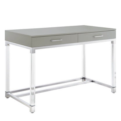 48" Black Clear and Gold Wood Acrylic and Stainless Steel Writing Desk With Two Drawers