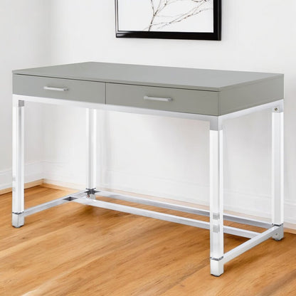 48" Black Clear and Gold Wood Acrylic and Stainless Steel Writing Desk With Two Drawers