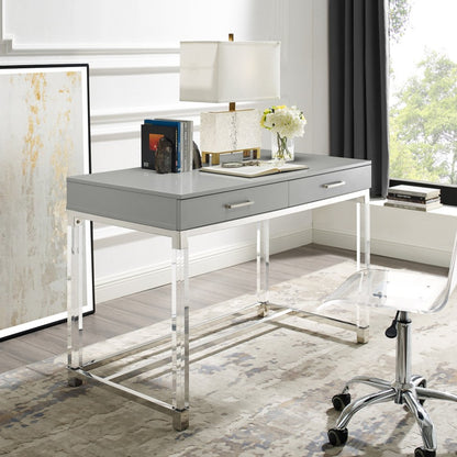 48" Black Clear and Gold Wood Acrylic and Stainless Steel Writing Desk With Two Drawers