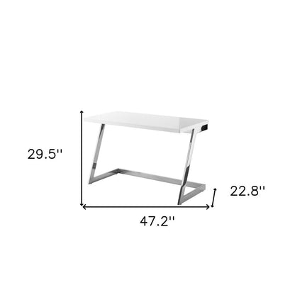 47" White and Silver Wood and Stainless Steel Sled Writing Desk