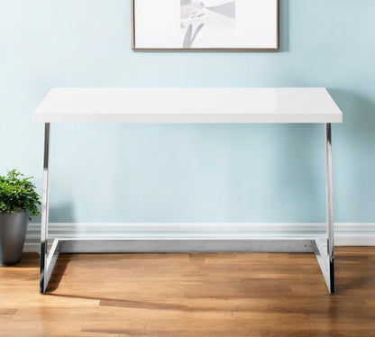 47" White and Silver Wood and Stainless Steel Sled Writing Desk