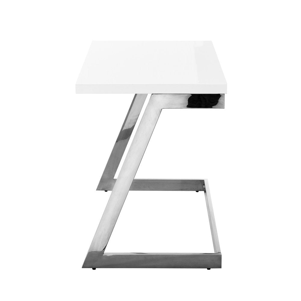 47" White and Silver Wood and Stainless Steel Sled Writing Desk