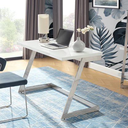 47" White and Silver Wood and Stainless Steel Sled Writing Desk