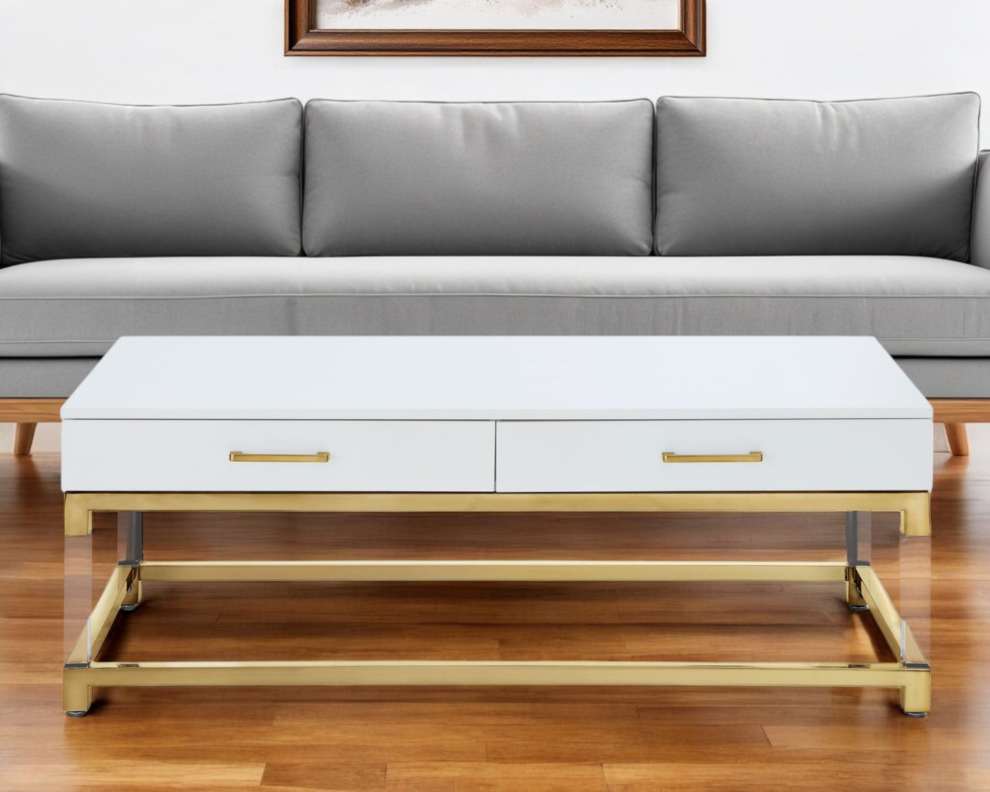 47" Black Gold And Clear Wood Acrylic And Steel Coffee Table