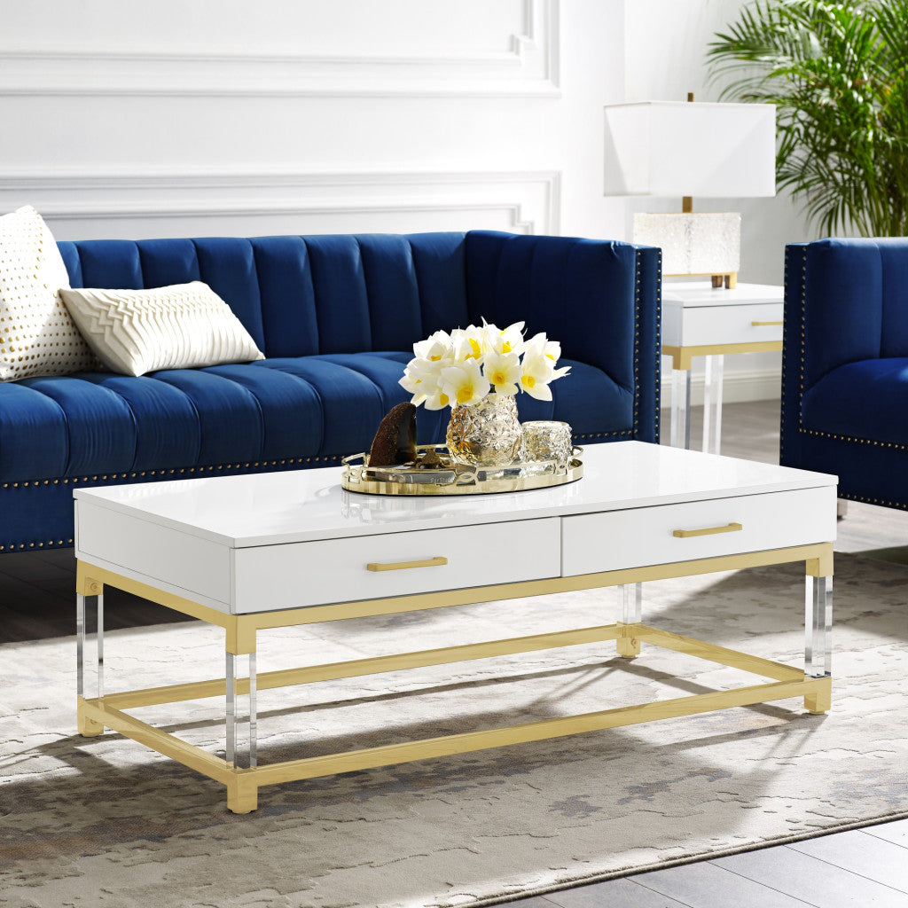 47" Black Gold And Clear Wood Acrylic And Steel Coffee Table