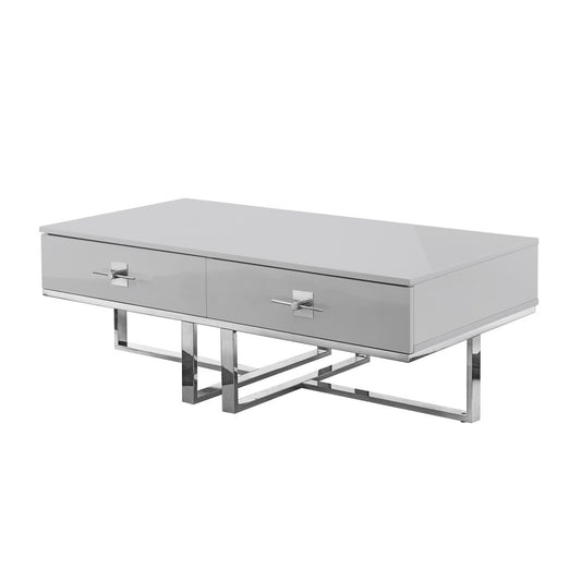47" White And Gold Stainless Steel Coffee Table With Two Drawers