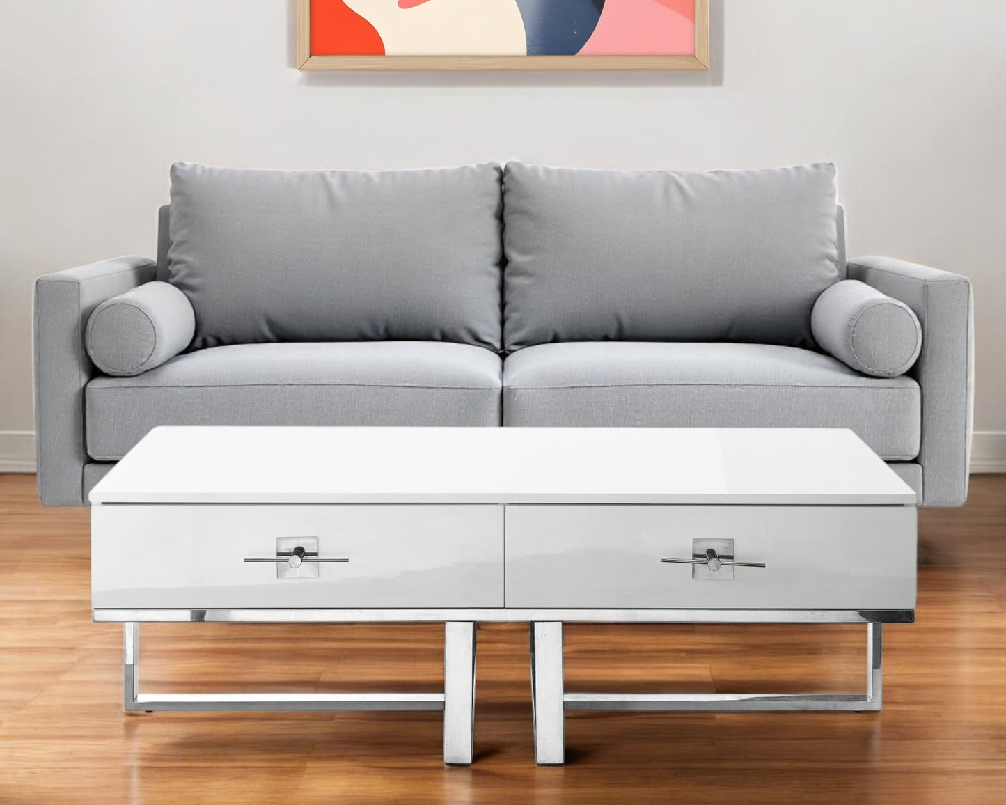 47" White And Silver Metallic Wood And Stainless Steel Coffee Table