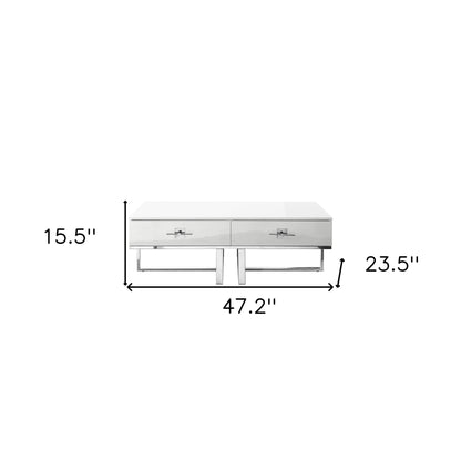 47" White And Silver Metallic Wood And Stainless Steel Coffee Table